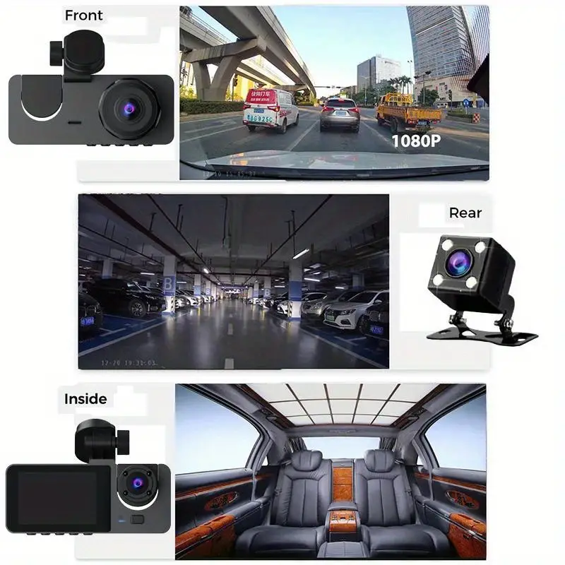 Front & Rear&Inner Dashcam, 1 Count Dash Camera for Car, Wide Angle Car Driving Recorder with IR Night-Vision G Sensor,  1080P HD Camera with 3 Lens, Fall Gift, Birthday Gifts