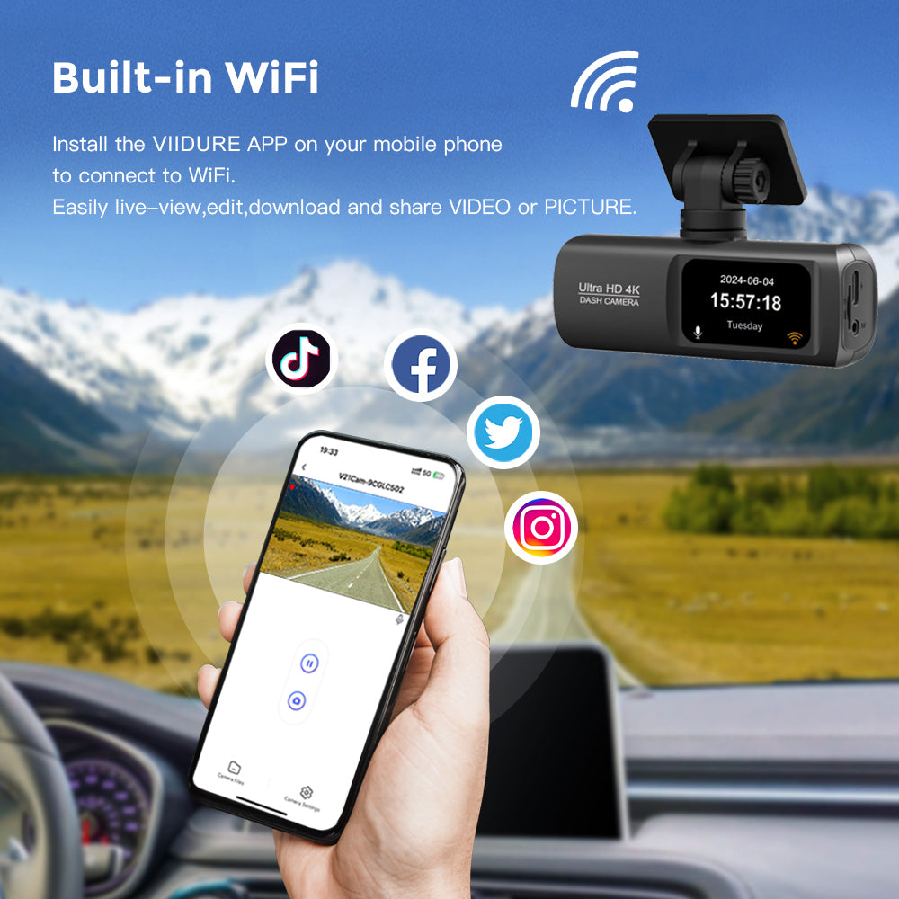 4K Dash Cam Front and Rear  Free 64GB Card, Built-in WiFi, Dash Camera for Cars, Car Camera, Dual Dashcams for Cars with Night Vision, 24 Hours Parking Monitor, Loop Recording