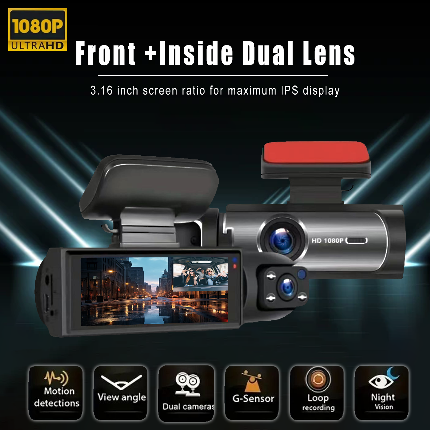 Front & Inner Dashcam, 1 Count Dash Camera for Car, Wide Angle Car Driving Recorder with IR Night-Vision G Sensor, 3.16 Inch IPS Screen 1080P HD Camera with Dual Lens, Fall Gift, Birthday Gifts