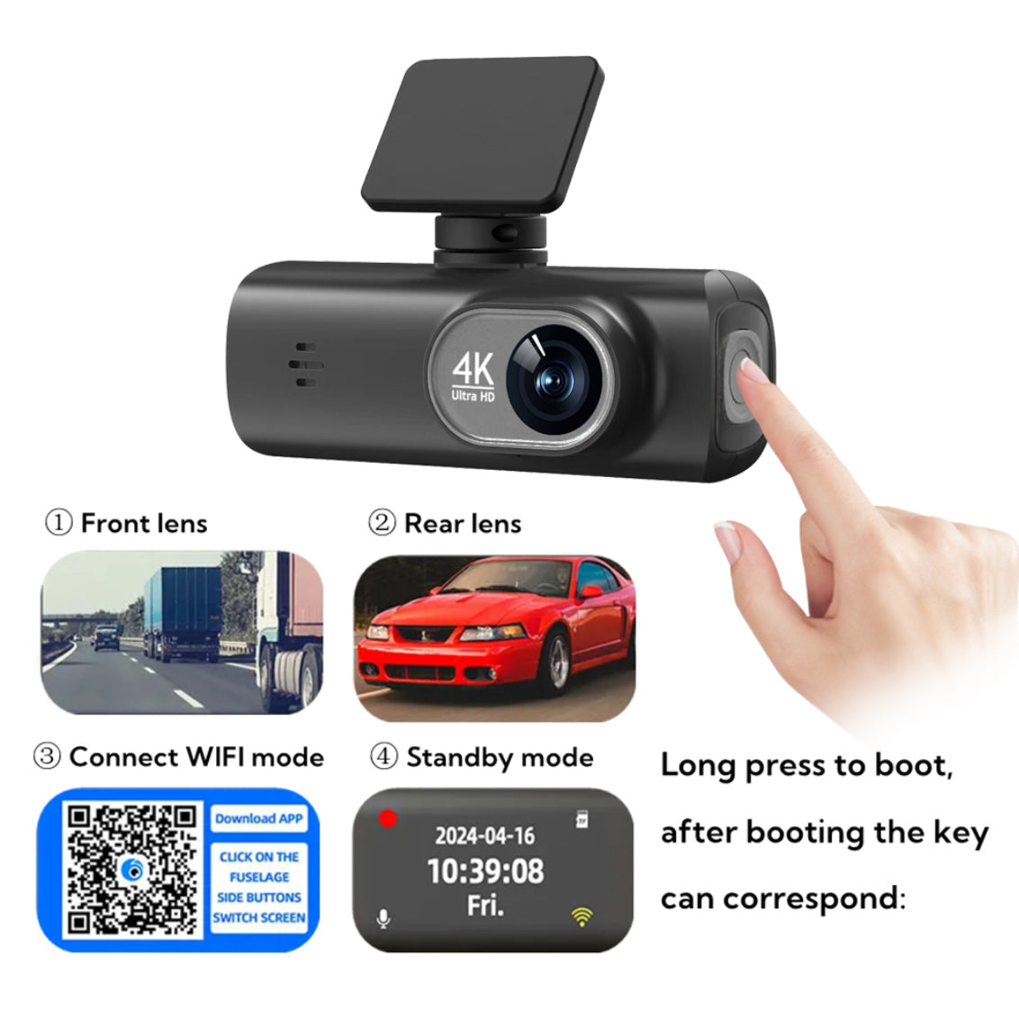 4K Dash Cam Front and Rear  Free 64GB Card, Built-in WiFi, Dash Camera for Cars, Car Camera, Dual Dashcams for Cars with Night Vision, 24 Hours Parking Monitor, Loop Recording