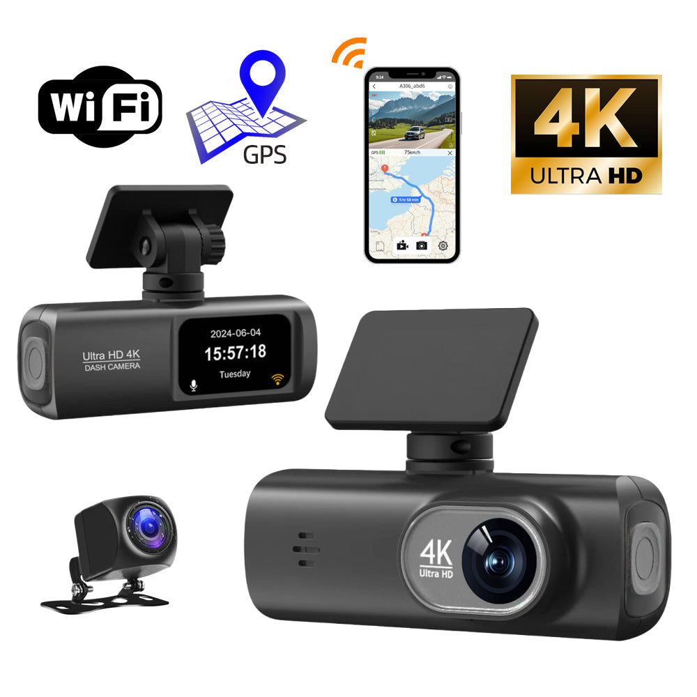 4K Dash Cam Front and Rear  Free 64GB Card, Built-in WiFi, Dash Camera for Cars, Car Camera, Dual Dashcams for Cars with Night Vision, 24 Hours Parking Monitor, Loop Recording